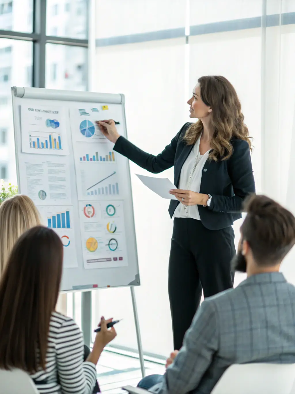 A person confidently presenting a business plan in a modern office setting, symbolizing the strategic planning aspect of the Business-in-a-Box program.