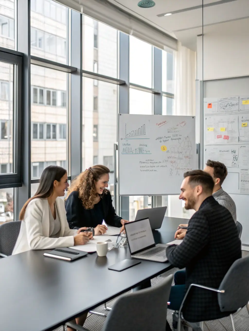 A diverse group of entrepreneurs collaborating on laptops and whiteboards, representing the community and support offered within the Business Launch University programs.