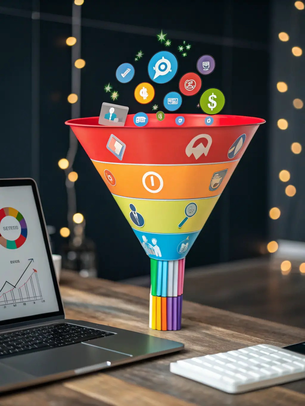A visual representation of a marketing funnel, illustrating the automated lead generation and customer acquisition process taught in the Business Launch University programs.
